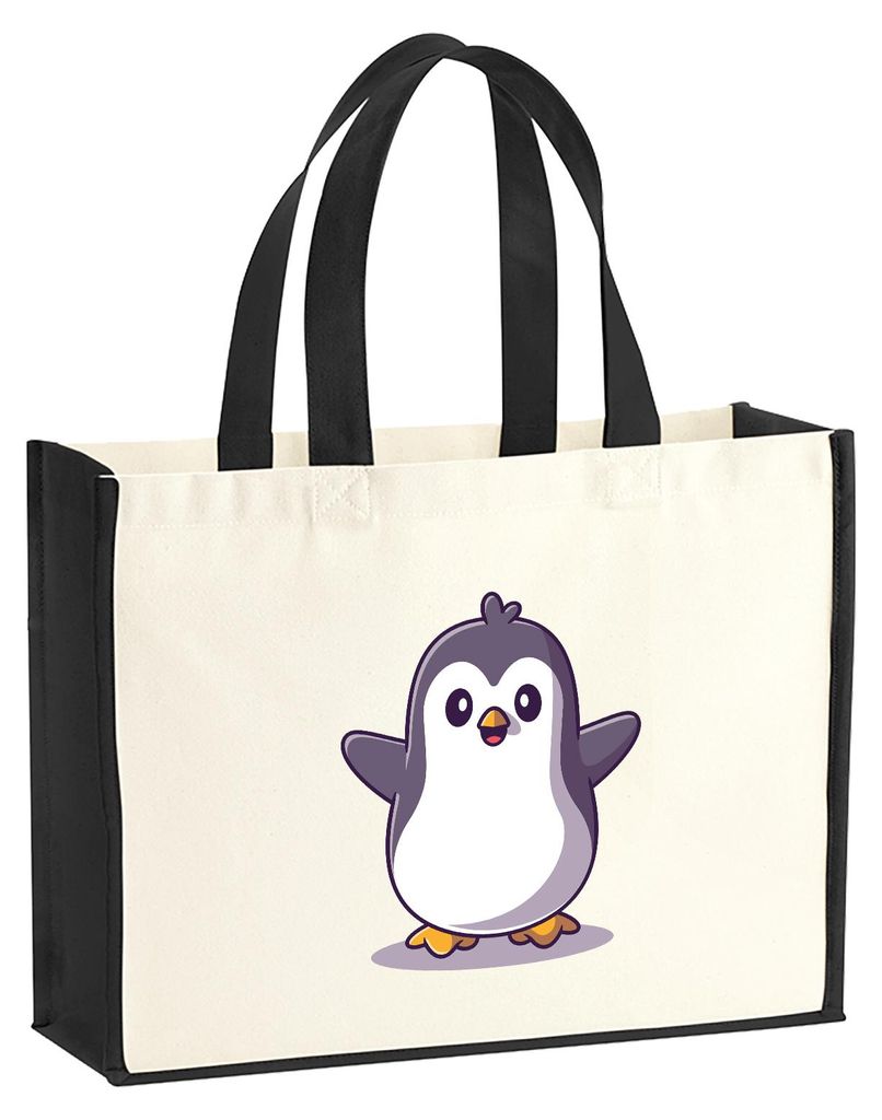 Huuraa Jutetasche Pinguin Comic 21 Liter Black Jute und Baumwolle Einkaufstasche Geschenkidee