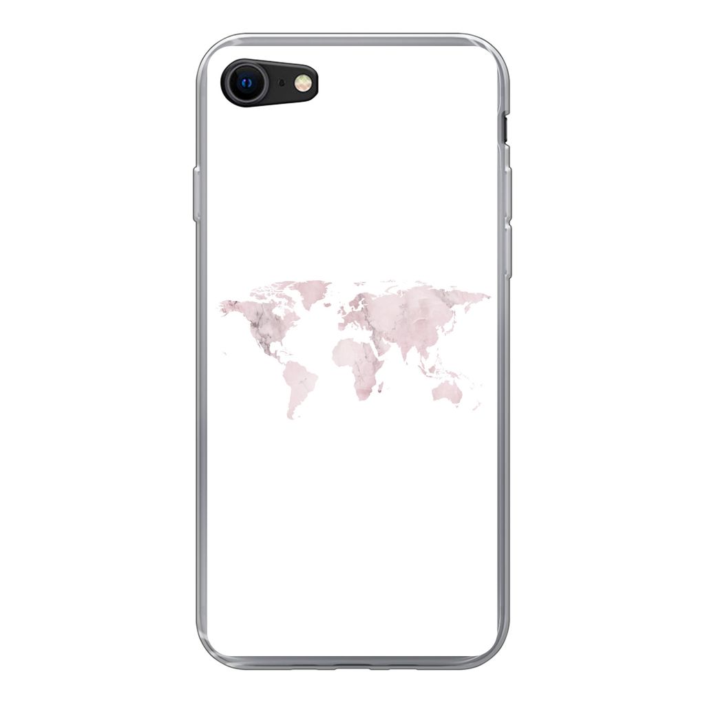 MuchoWow Handyhülle Schutzhülle Hülle für iPhone 7 Weltkarte - Marmor - Rosa Silikon Softcase Handy Hülle - Kartenhalter
