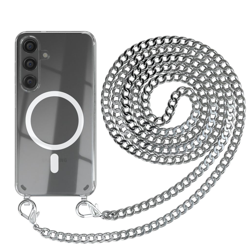 EAZY CASE Handykette kompatibel mit Samsung Galaxy S24, Kette zum Umhängen aus Metall, Silikonhülle mit Band, stoßfest, mit MagSafe in Silber