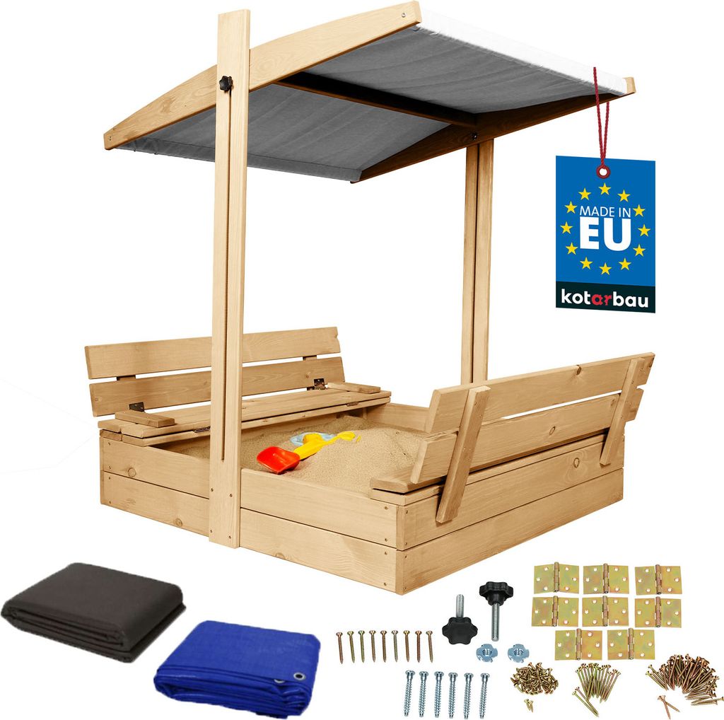 KOTARBAU Sandkasten mit Dach 100x100 cm Holz mit Abdeckung & Sitzbänken Sandkiste Gartenspielzeug für Kinder mit Deckel & Sonnenschutz in Grau