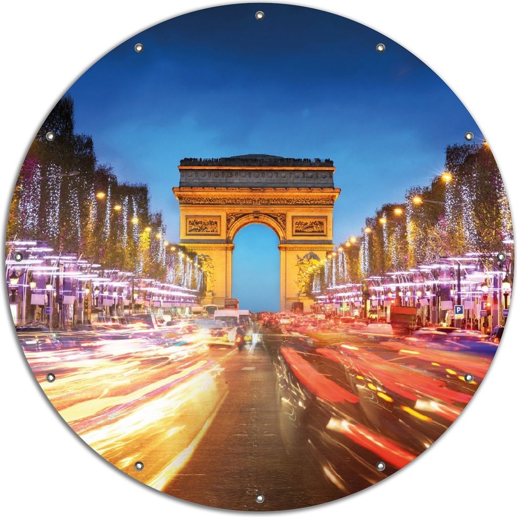 Wallario rundes Outdoor-Poster für Garten oder Balkon, Motiv Arc de triomphe in Paris bei Nacht, 120 cm Durchmesser