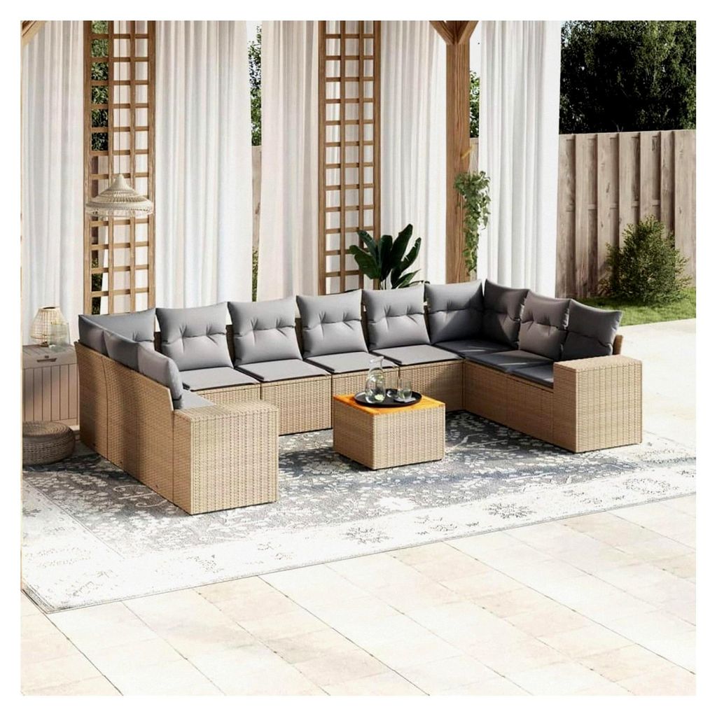 11-teiliges Gartenmöbel-Set mit Kissen aus Polyrattan in Beige