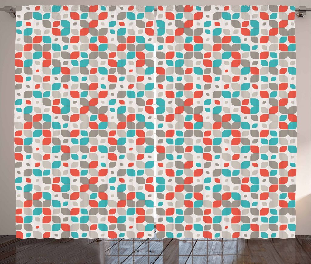 ABAKUHAUS Retro Rustikaler Gardine, Abstraktes Mosaik mit Blumen, Schlafzimmer Kräuselband Vorhang mit Schlaufen und Haken, 280 x 225 cm, Türkis ...