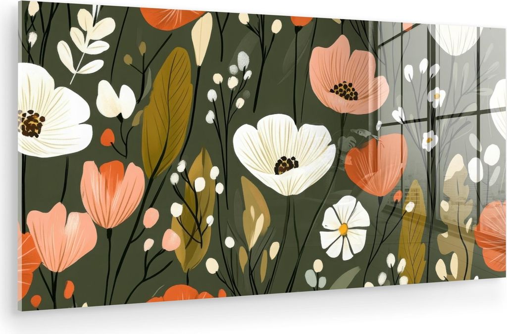 MuchoWow Glasbilder - Bilder auf Wandbild - Foto auf Glas Blumen - Illustration - Grün 120x60 cm Wanddekoration aus Glas - Acrylglasbild - Acrylbi...