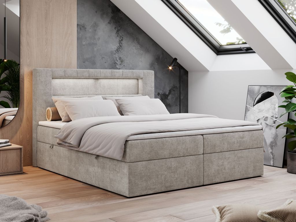 Boxspringbett 120x200 mit Led, Polsterbett mit LED Kopfteil - Multipocket-Matratze - Doppelbett - GOLD-5 - 120x200 - Beige - Struktur - H4