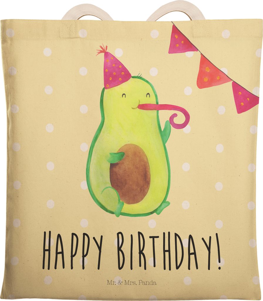 Mr. & Mrs. Panda Beutel Avocado Geburtstag - Gelb Pastell - Geschenk, Party, Tote Bag, shopping, Stofftragetasche, Tasche, Frucht, Happy Birthday, ...