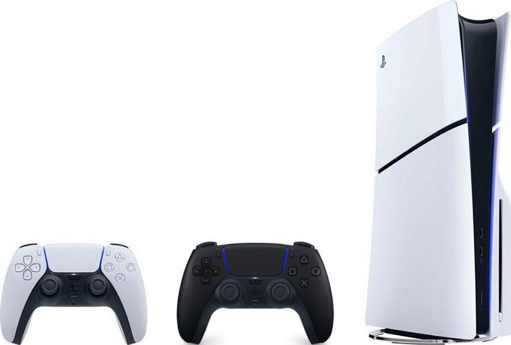 A PlayStation 5 console and two controllers are displayed against a white background.