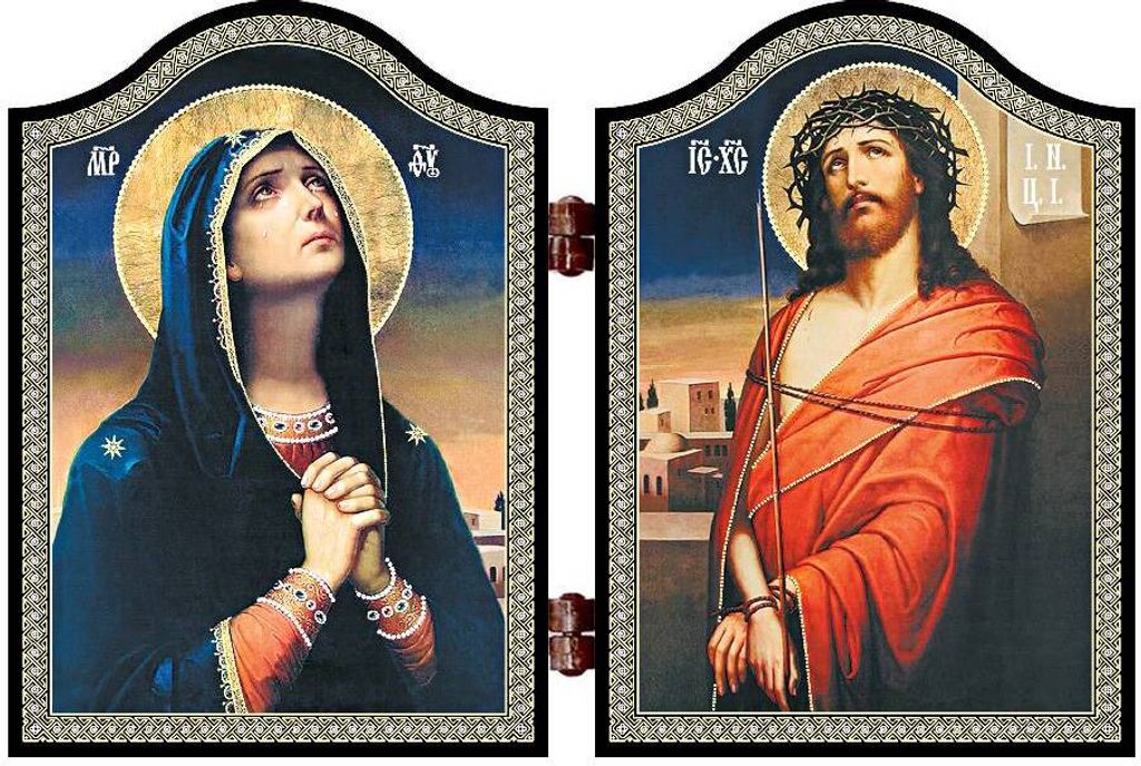 1402 Deva Maria & Jesus Holz Diptychon Skorbjashhaja Bogorodica I Spasitel Ikone