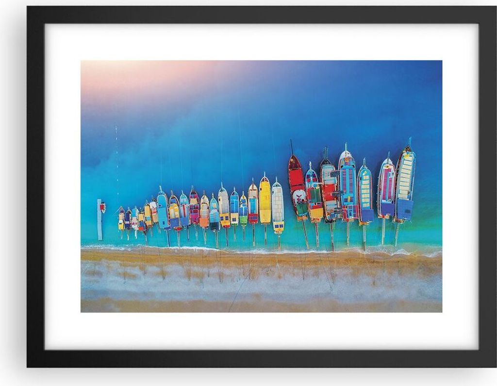 Gerahmtes Poster - Schwarzer Rahmen - Schiffe Strand Perspektive - 40x30 cm - Wand Bild - Wanddeko - Wandbilder - Kunstposter - Wandposter - Bilder...