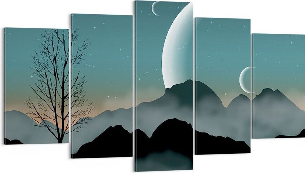 Bild auf Leinwand - Leinwandbild - 5 Teile - Himmel Nacht Illustration - 160x85cm - Wand Bild - Wanddeko - Wandbilder - Leinwanddruck - Bilder - Wa...