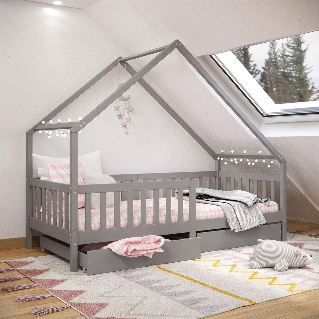 Hausbett ALVA aus Kiefer Massivholz, grau - Kinderbett mit Dach, Tipibett mit Schubladen, Kinderzimmer Bett, Bodennahes Bett Montessori, ideal für...