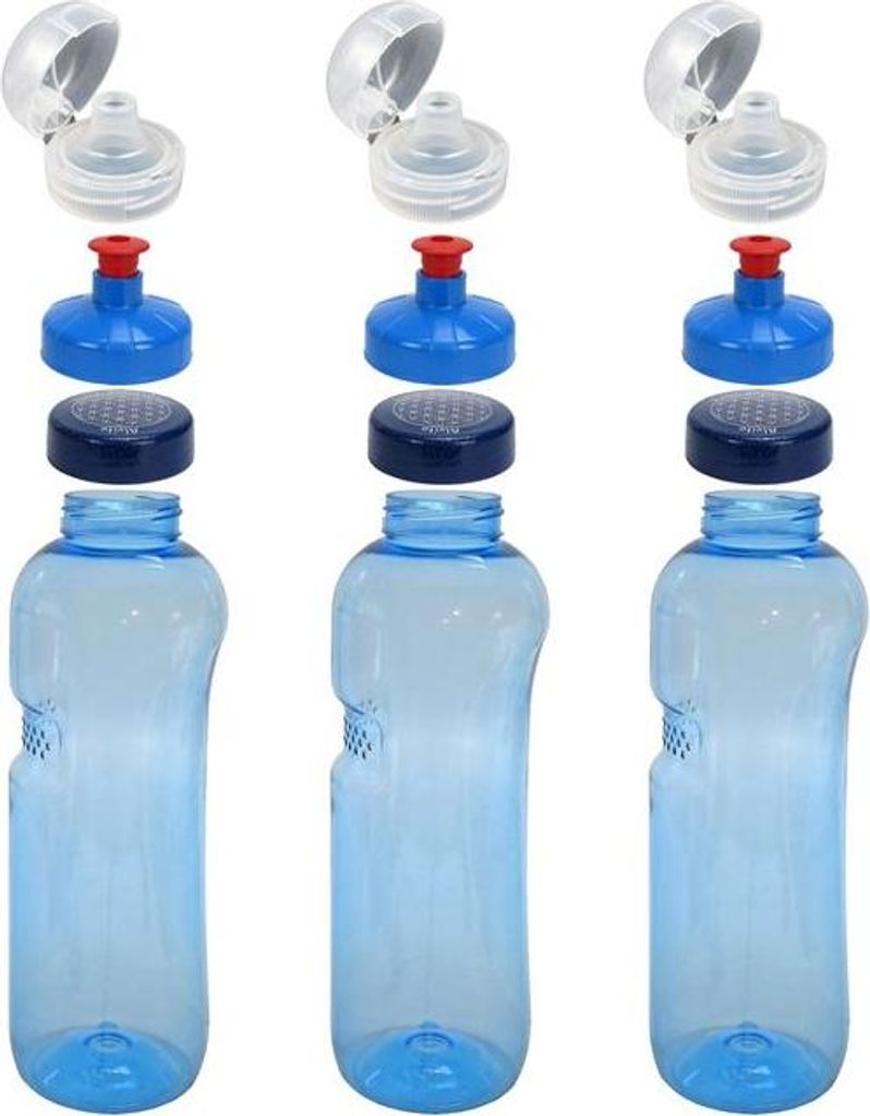 3x 1,0L Kavodrink Wasserflasche mit Lebensblume Deckel + 3x FlipTop + 3x Push-Pull