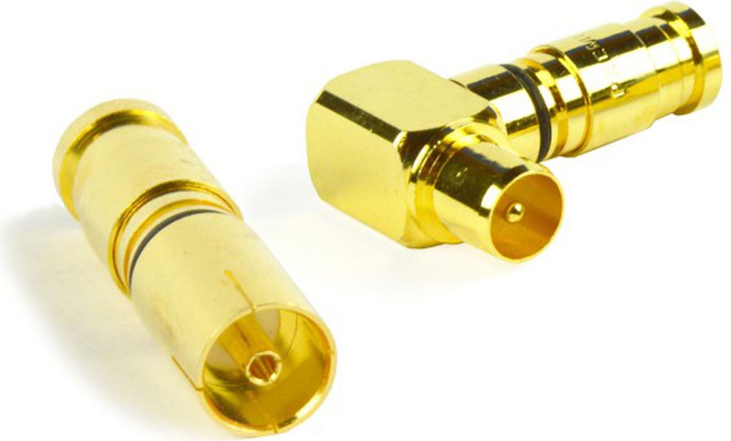 2 Stück PremiumX Antennenstecker Kompressionsstecker Xcon 1x Buchse weiblich (TV-GF1) + 1x 90° Stecker männlich (TV-GM1-90) Vergoldet TV-Kompres...