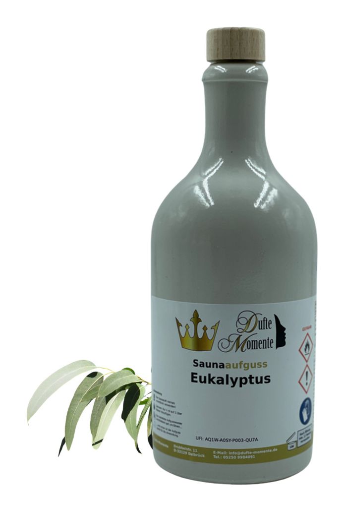 Dufte Momente | Saunaduft Konzentrat Eukalyptus 500ml in weißer Steingutflasche | naturreine ätherische Öle | vegan, ohne Tierversuche