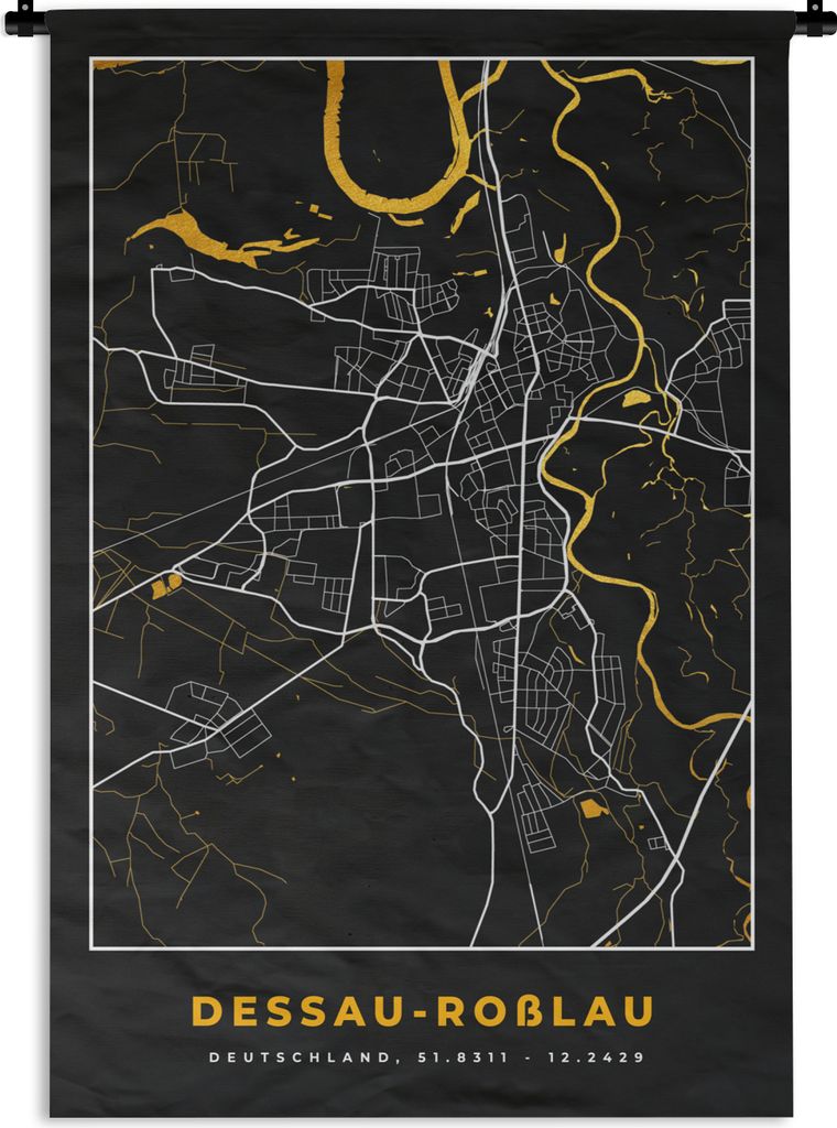 MuchoWow Wandteppich Wandbehang Schwarz und Gold - Stadtplan - Desseau Roßlau - Deutschland - Karte 60x90 cm Tapisserie Dekoration Wandtuch - Fo...