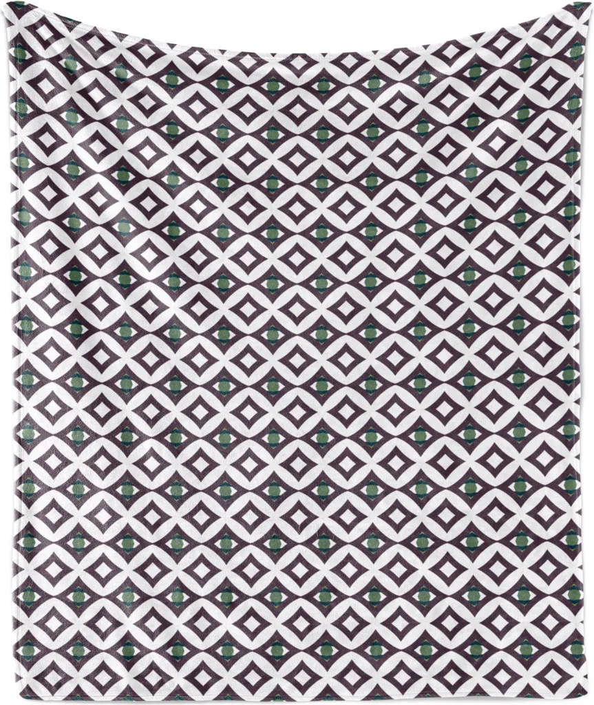 ABAKUHAUS Coperta in morbido pile di flanella, illustrazione con cerchi e strisce intrecciati su sfondo tinta unita, 175 x 230 cm, bianco e melanzana