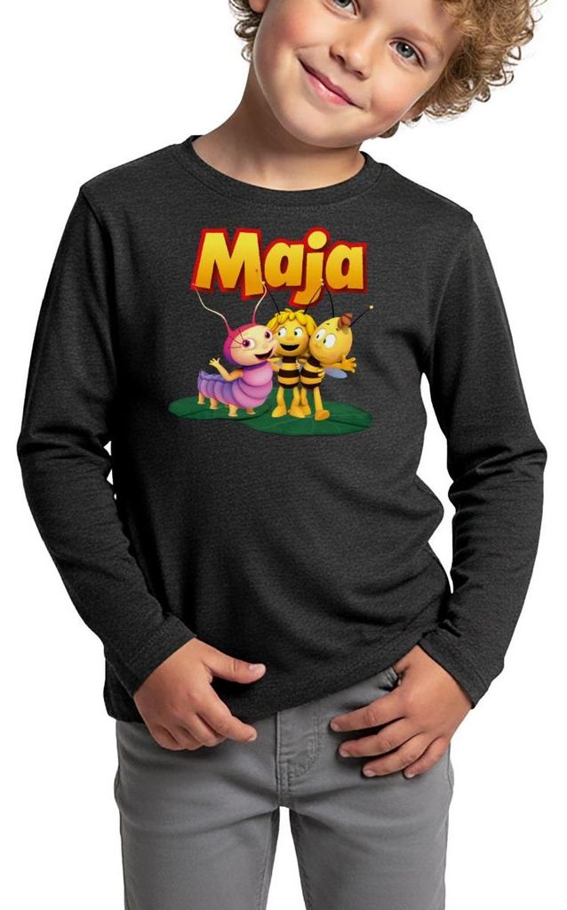 Spreadshirt Biene Maja mit Willi und Raupe Ulla Kinder Premium Langarmshirt, 122/128 (6 Jahre), Anthrazit meliert