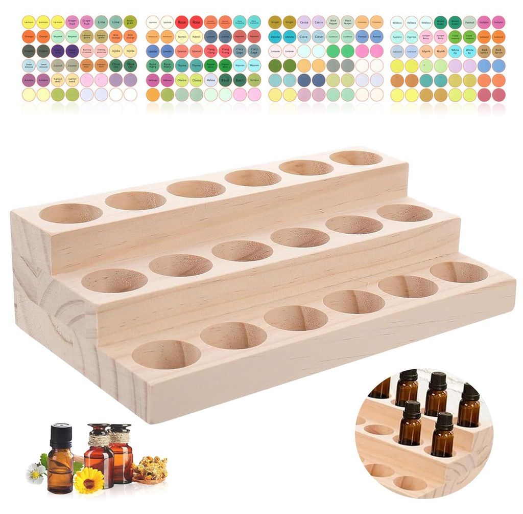 Holzständer mit 3 Ebenen und 18 Löchern für ätherische Öle, geeignet für Aromatherapie, Zuhause, Spa, Schminktisch und Büro.
