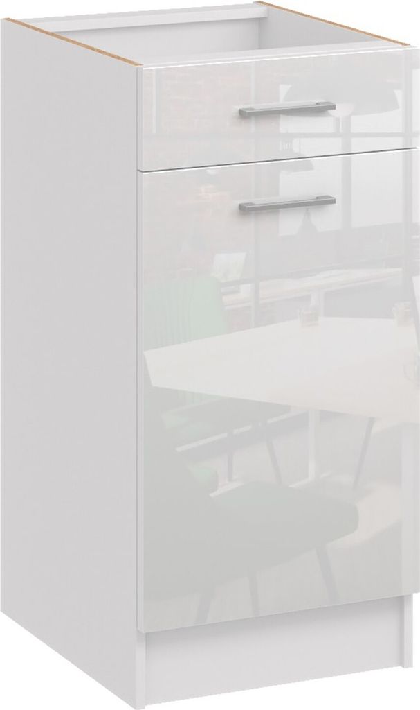 A white kitchen base cabinet with two drawers and one door.