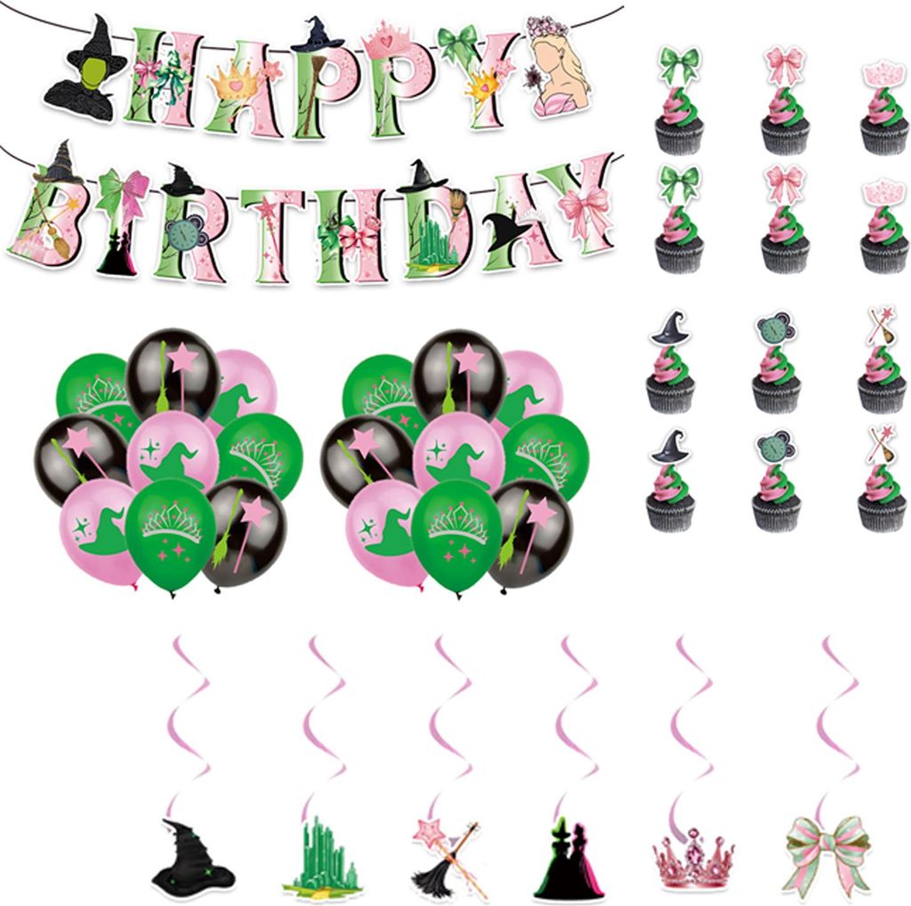 Grün-pinke Party-Dekoration zum Thema „Wicked“, 24 Tortenaufsätze, 18 Luftballons, 1 „Happy Birthday“-Banner, 1 großes Tortenaufsatz-Set...