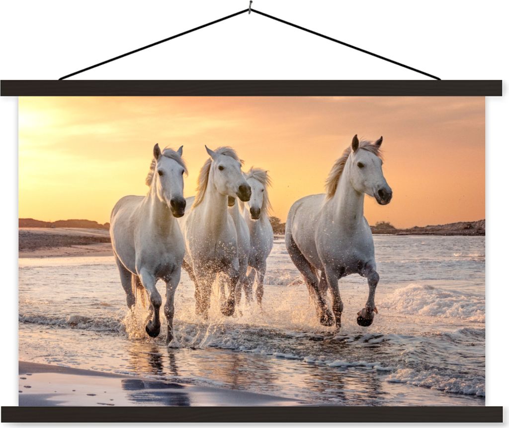 MuchoWow Textilposter Pferde - Sonne - Meer - Strand - Tiere 120x80 cm mit schwarzem Rahmen - Wanddeko