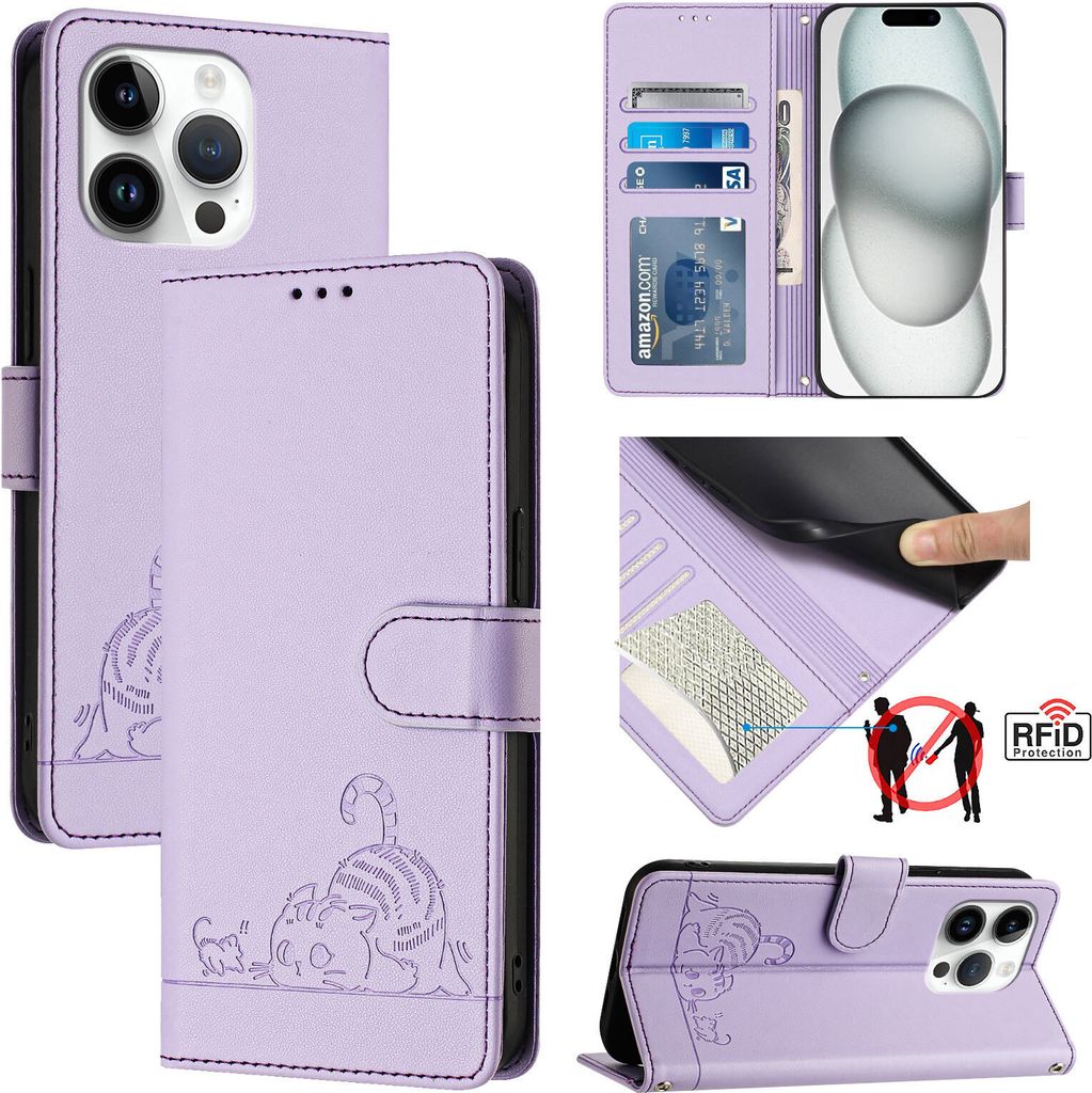 Leder Hülle für iPhone 13 Pro Süße Katze Flip Case Brieftasche Schutzhülle mit Standfunktion Lila