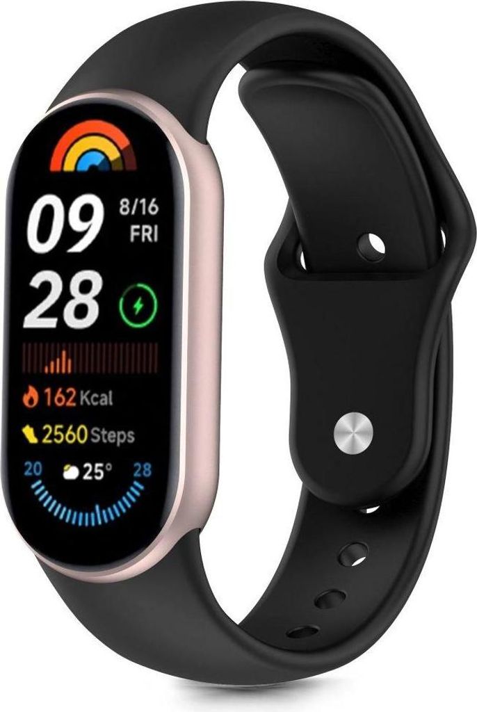 A smartwatch with a black band and a rose gold casing is displayed against a white background.
