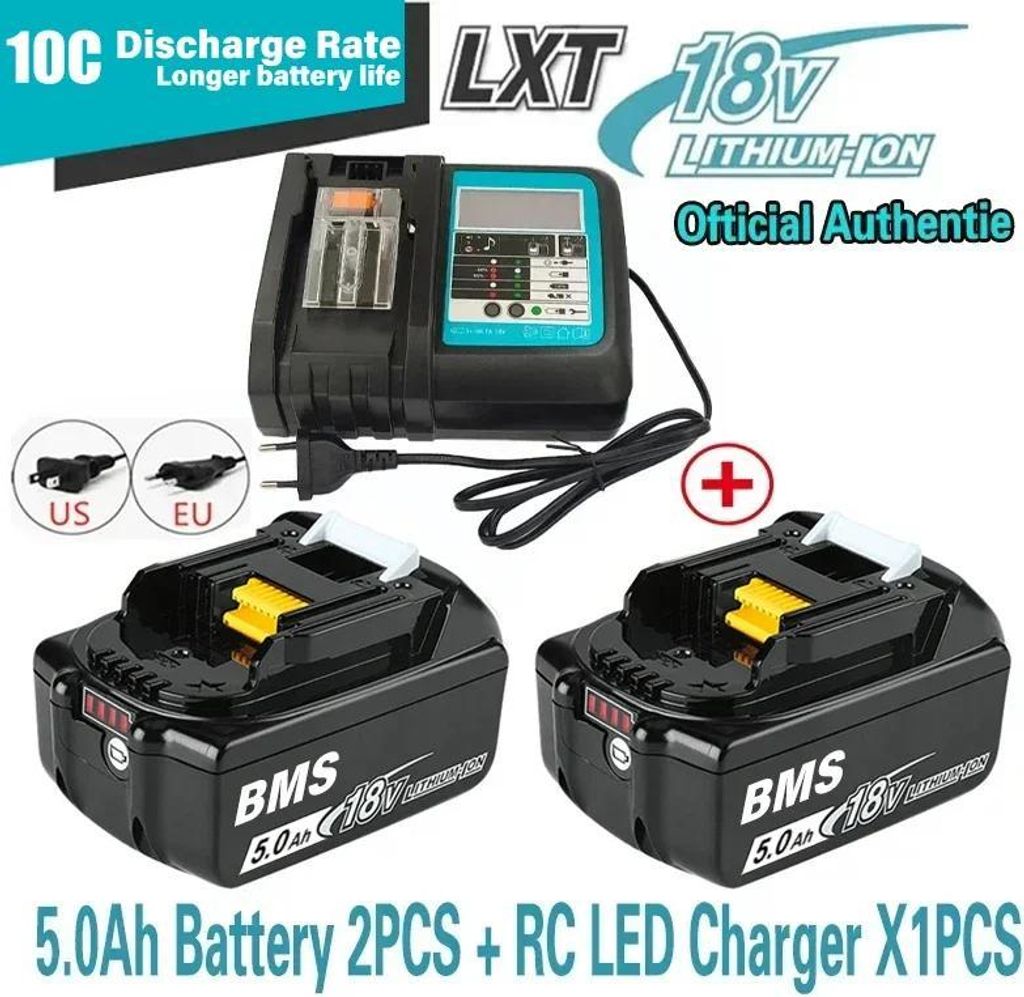Akku-Set für Elektrowerkzeuge - Akkus + Ladegerät - 2x 5,0Ah 18V Li‐Ion - Kompatibel mit BL1860/BL1850/BL1830 - LED‐Anzeige - Mehrfachschutz ...