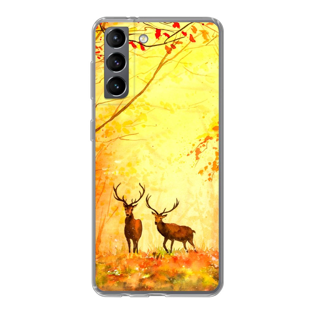 MuchoWow Handyhülle Schutzhülle Hülle für Samsung Galaxy S21 Natur - Ölfarbe - Hirsche - Tiere - Herbst - Orange Silikon Softcase Handy Hül...