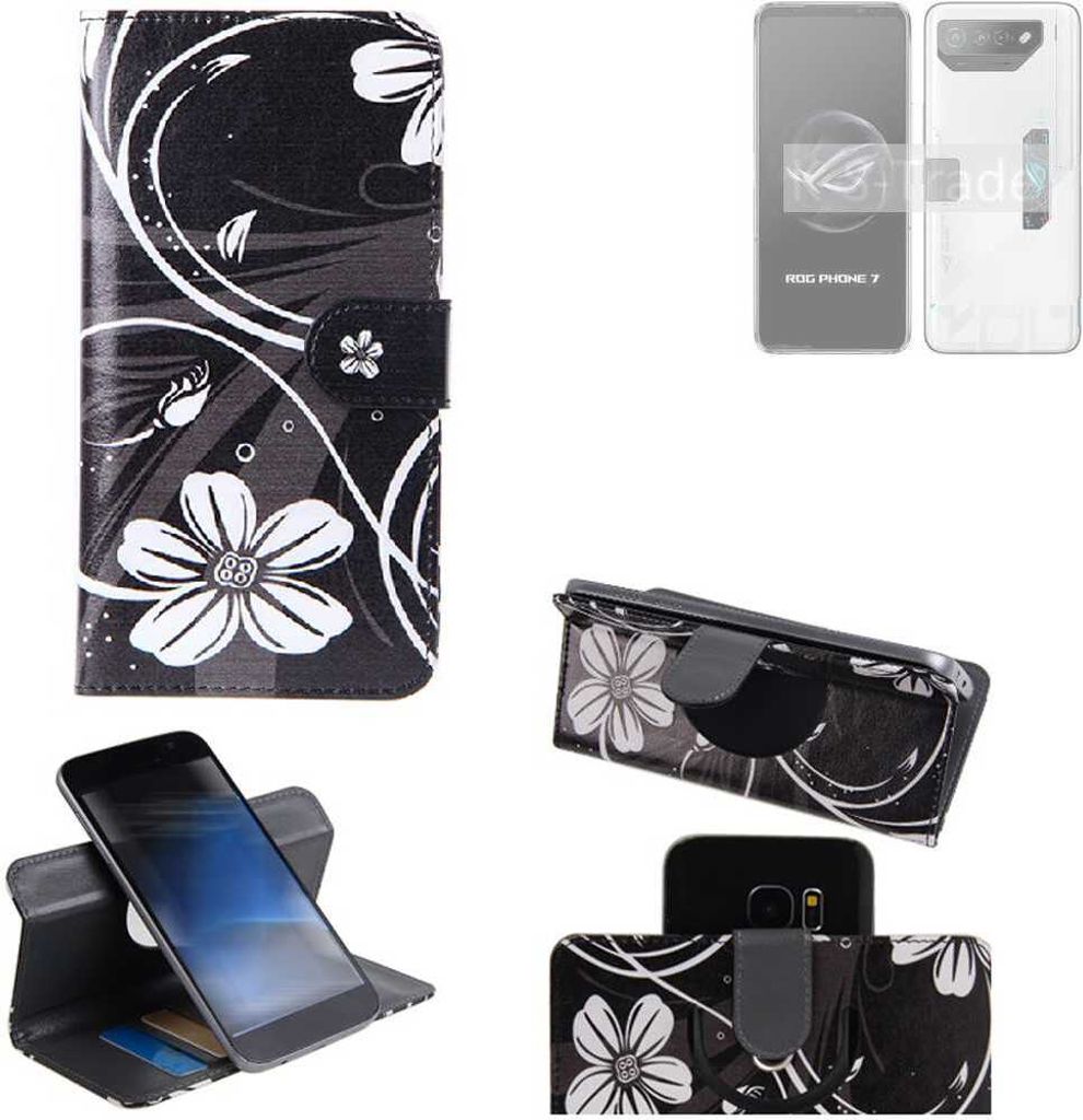 K-S-Trade Schutzhülle Handyhülle kompatibel mit Asus ROG Phone 7 Ultimate Hülle 360° Wallet Case “Flowers“ Klapphülle Hülle schwarz-weiß 1x