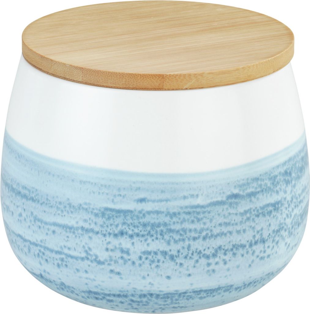 A ceramic storage jar with a wooden lid.
