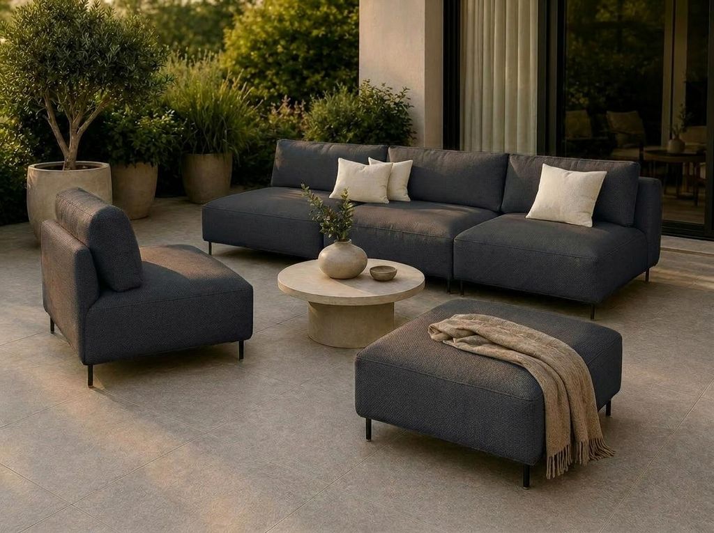Garten Lounge Set SUN – Outdoor Möbel Set mit Sofa, Sessel und Hocker, UV-beständig und wasserabweisend