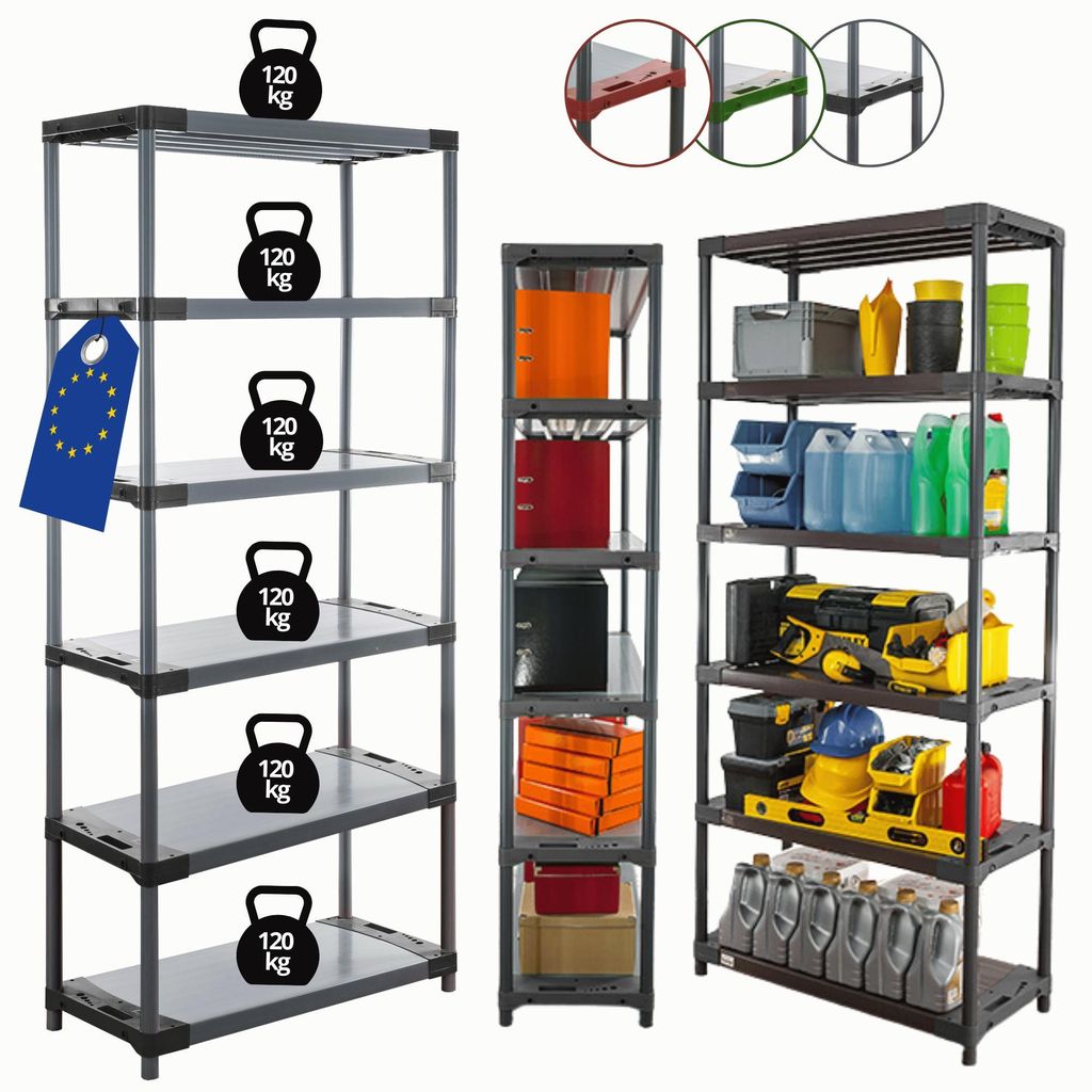 MODO24 Kunststoffregal, 6 Ablagen, 120kg/Boden, Schwerlast, Steckregal, Lagerregal, Plastikregal, Werkstatt, 222x100x46?cm, Grau, JUPITER