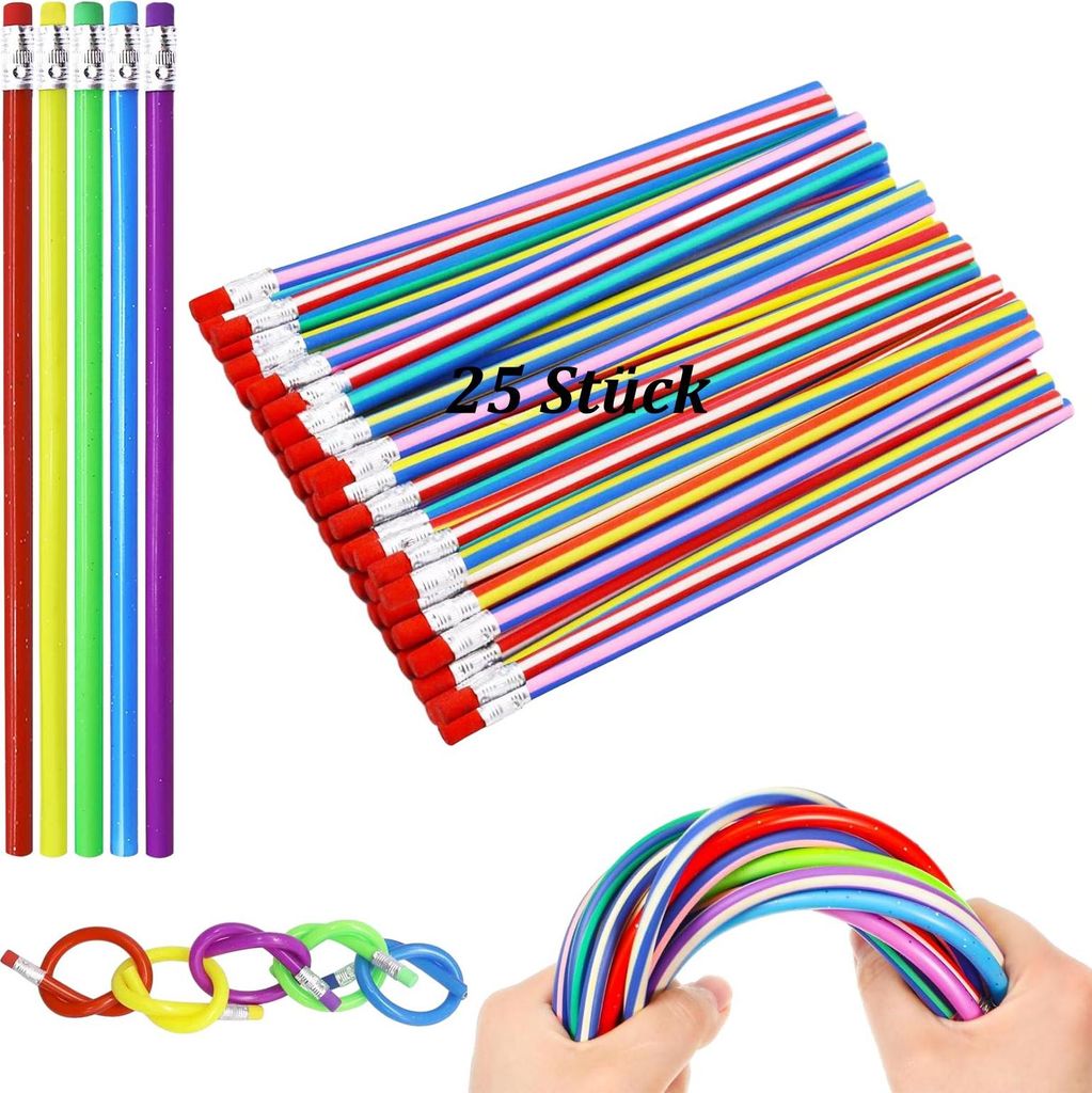 25 Stück elastische Biegebleistifte mit Radiergummi-Set, weiche Bleistifte falten sich und verformen sich ständig, bunter gebogener Bleistift fü...