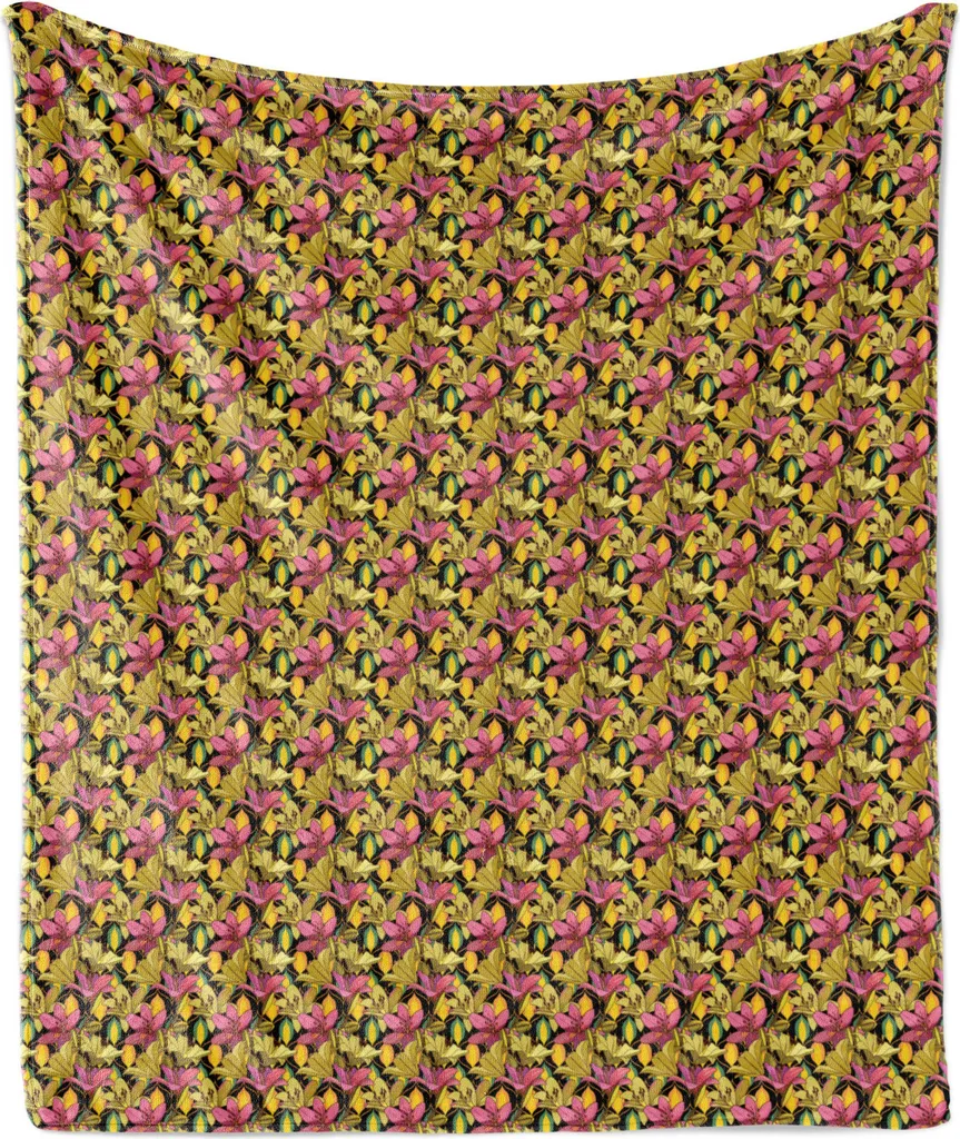 ABAKUHAUS Coperta in morbida flanella di pile con motivi floreali, primo piano dei motivi grafici floreali estivi in fiore, 175 x 230 cm, grigio antracite multicolore - 1
