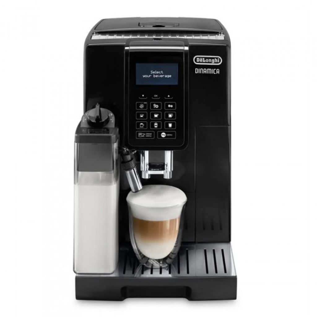 A black automatic coffee machine is shown from the front.