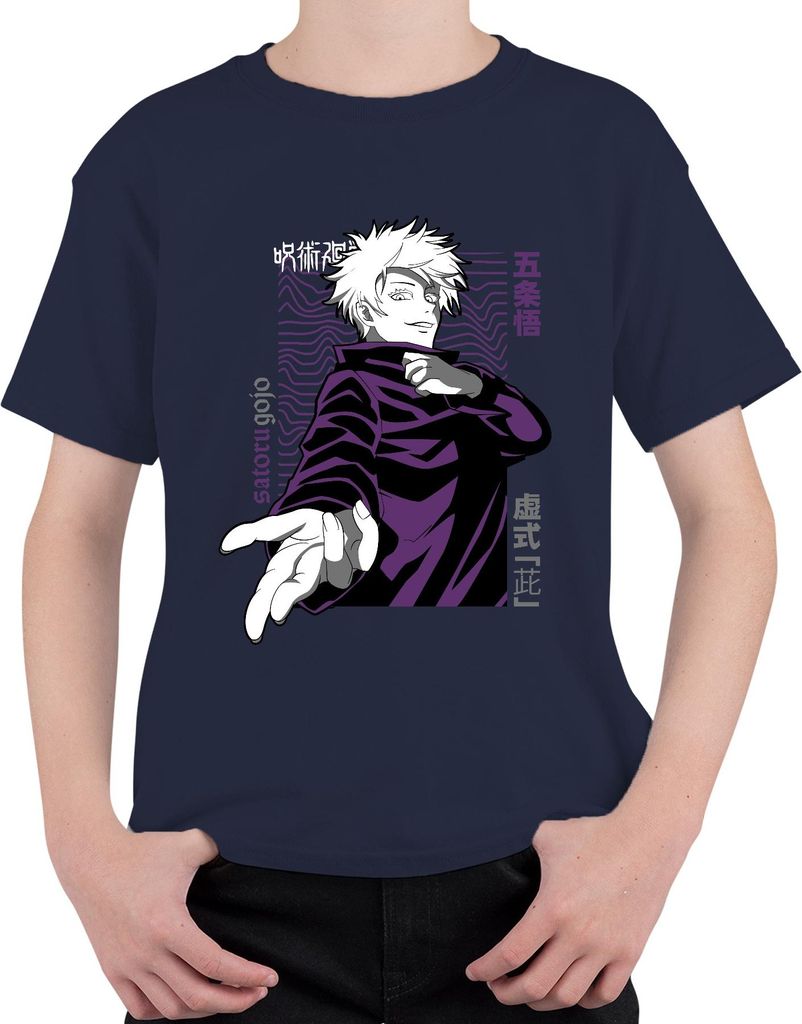 Jujutsu Kaisen Satoru Gojo Anime Ästhetik Fan Geschenk Lila Retro Uni Kinder T-Shirt, Navy, 152