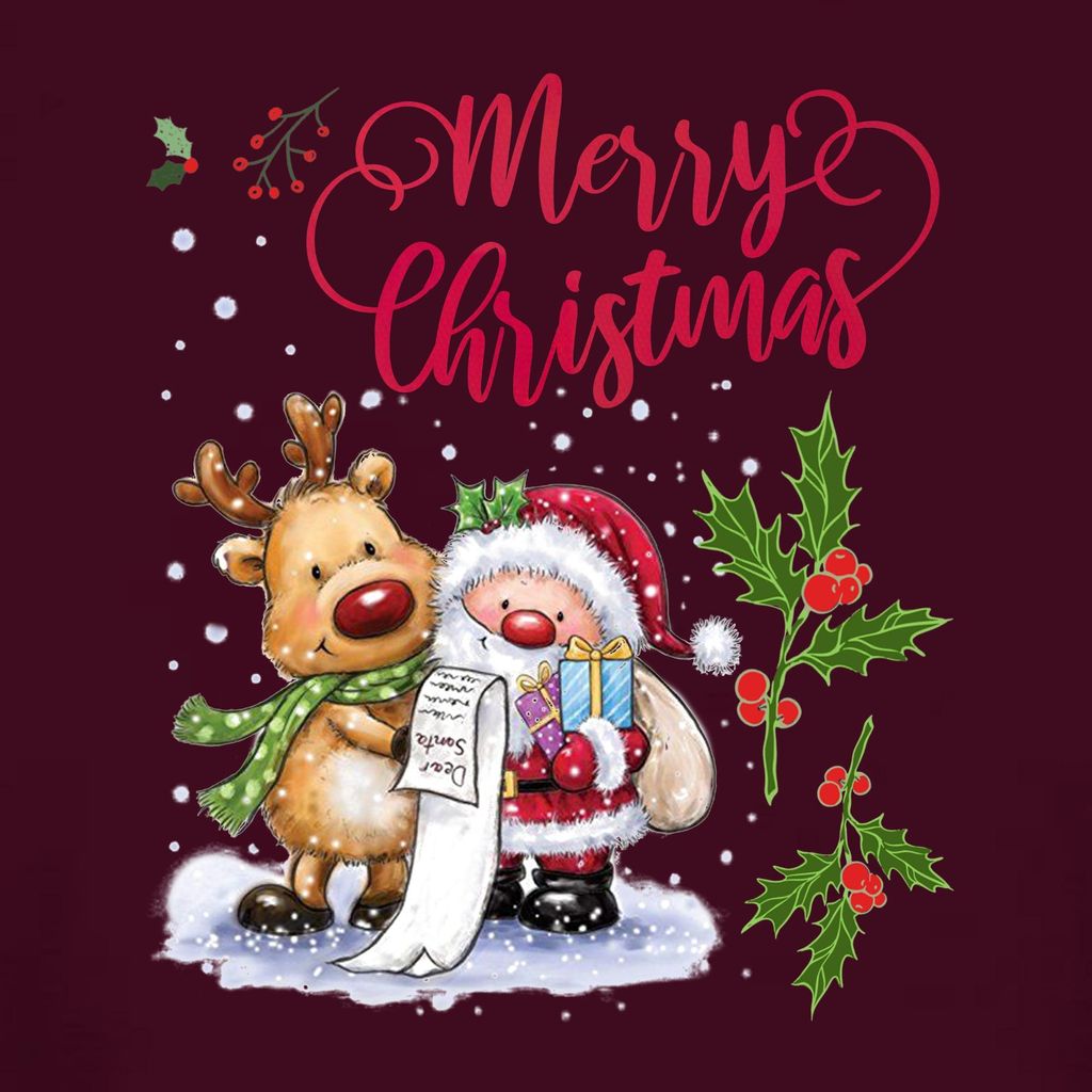 Merry Christmas Santa Rentier Wunschliste Mistelzweig - Weihnachten Weihnachtsgeschenk Damen T-Shirt, Burgundy, 3XL