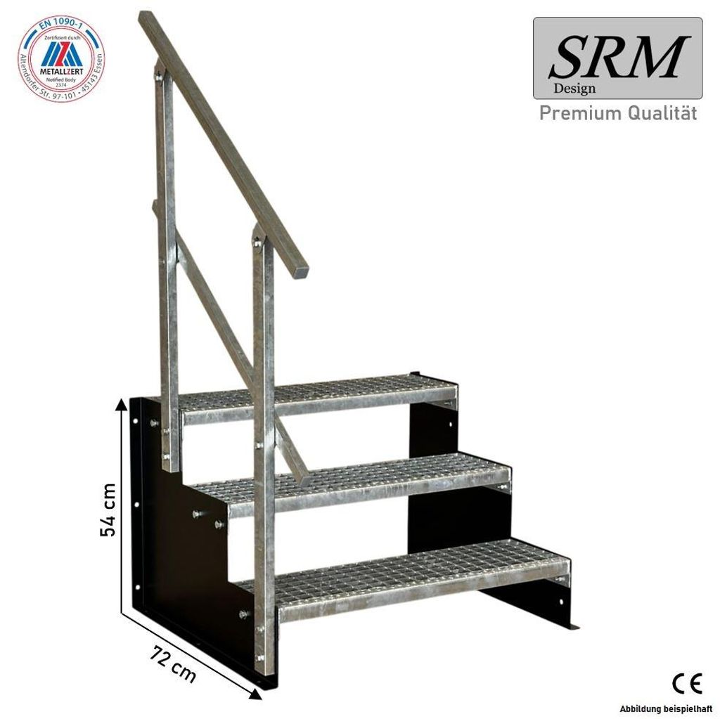 3 Stufen Standtreppe Modell 2 freistehend schwarz Treppe Stahltreppe Tritthöhe 18 cm Breite 80 cm Höhe 54 cm 1x Geländer