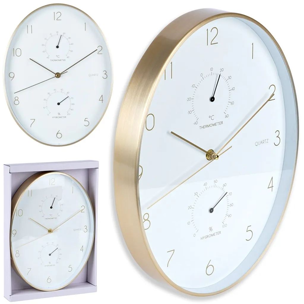 Orologio Da Parete Well Home In Alluminio Con Bordo Dorato, Termometro E Igrometro, 34,5x27,1 Cm