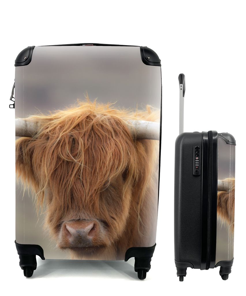 MuchoWow Koffer Handgepäck Trolley Rollkoffer Kleine Reisekoffer mit 4 Rollen - Schottischer Highlander - Hörner - Haare - Cabin Size < 55x40x2...