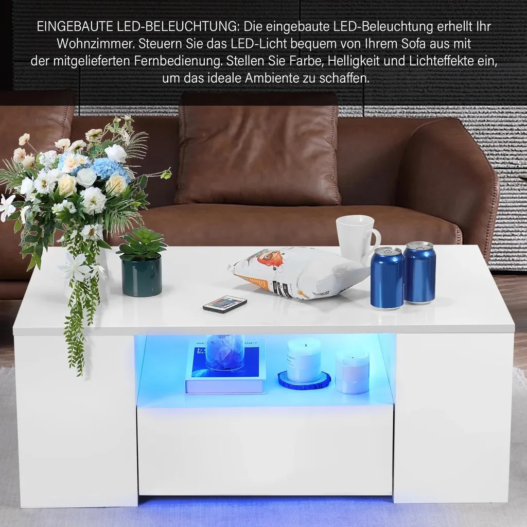 Table basse blanche brillante LED - Solution de rangement salon 2 tiroirs - 10