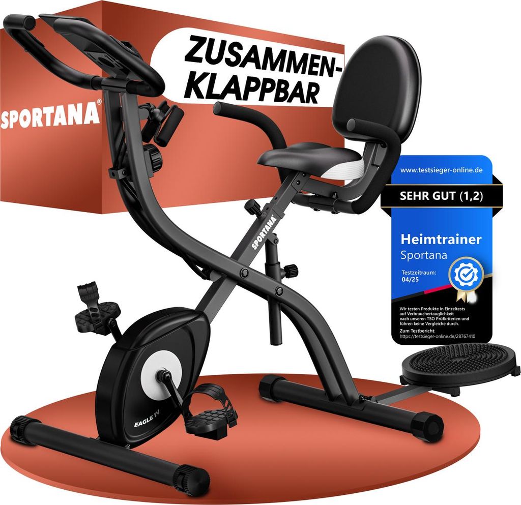 SPORTANA Heimtrainer Fahrrad EAGLE 4 – 4in1 Ausdauer Ergometer – Trainings App – Klappbar – LCD Display – Höhenverstellbar – Fitness...