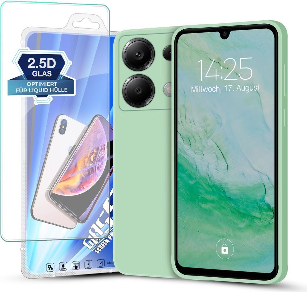 Hülle für Xiaomi Redmi Note 13 5G mit 9H Displayglas Displayschutz Plus Case Cover Bumper Silikon Softgrip Schutzhülle Farbe: Türkis