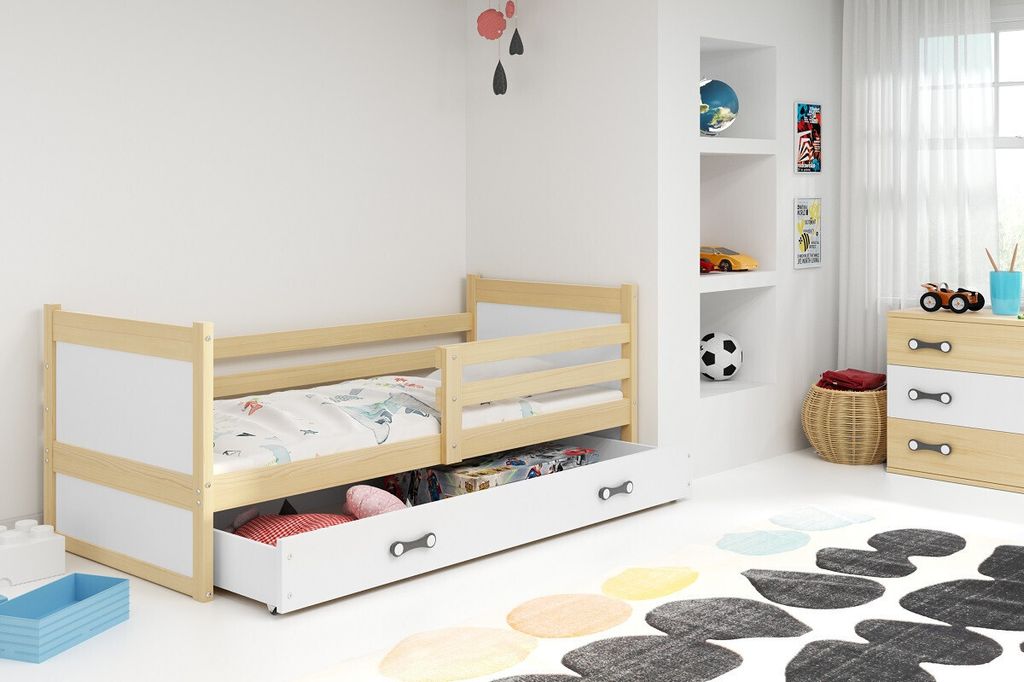Kinderbett mit Stauraum mit Matratze 90x200 FERGUS – Kiefer / Weiß