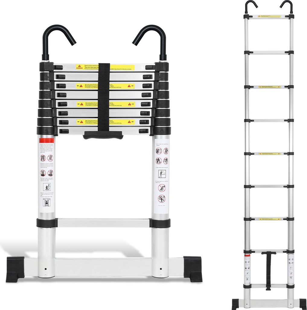 Faziango Aluminium Teleskopleiter 2,6M Silber, Leiter Ausziehbar mit Stabilisator und Abnehmbaren Haken, Klappleiter, Mehrzweckleiter, Stehleiter, ...
