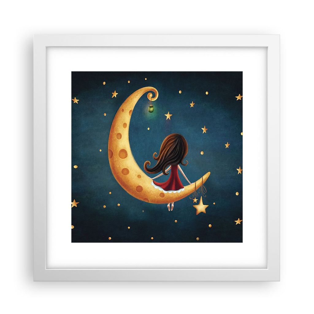 Gerahmtes Poster - Weißer Rahmen - Kinder Mädchen Mond - 30x30 cm - Wand Bild - Wanddeko - Wandbilder - Kunstposter - Wandposter - Bilderrahmen -...