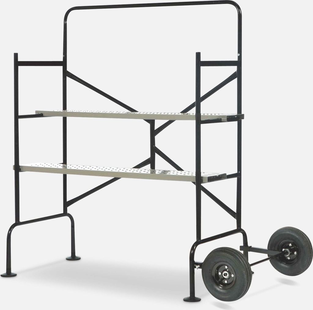 A black and gray rolling scaffold with two levels against a white background.