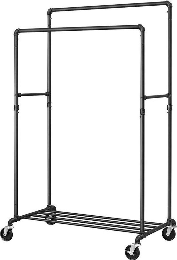 Industriel Kledingrek mit 2 Stangen, 110 kg Tragfähigkeit, industriel Design, mobiler Einsatz, Standardgröße, schwarz