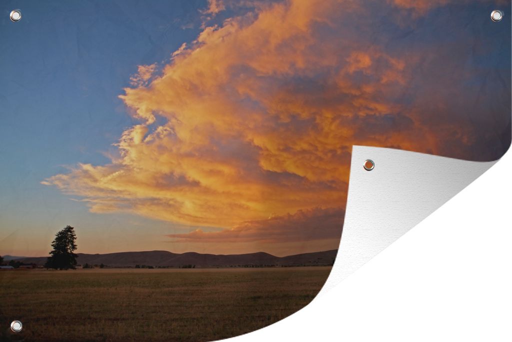 MuchoWow 90x60 cm Outdoor-Poster Gartendeko Sichtschutz Garten Poster für den Garten Sonnenuntergang über einer Ebene